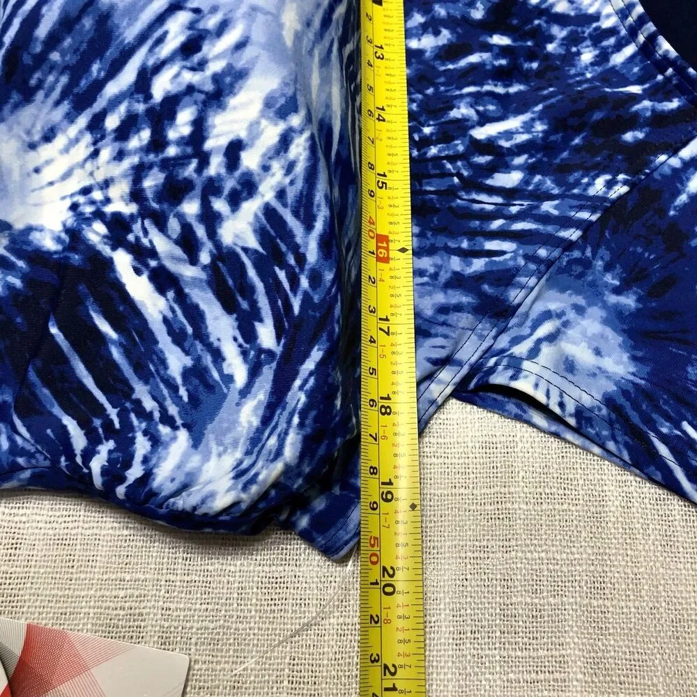 Lands End Tie Dye Tankini Swim Top Women 18W Blue Palm Print Padded Beach Resort
